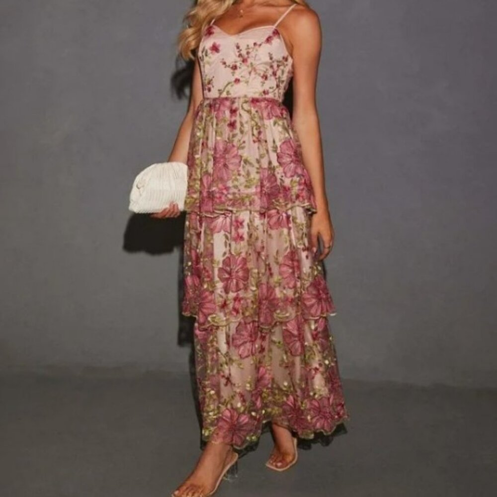 Ethereal Bloom Tiered Embroidered Midi Dress